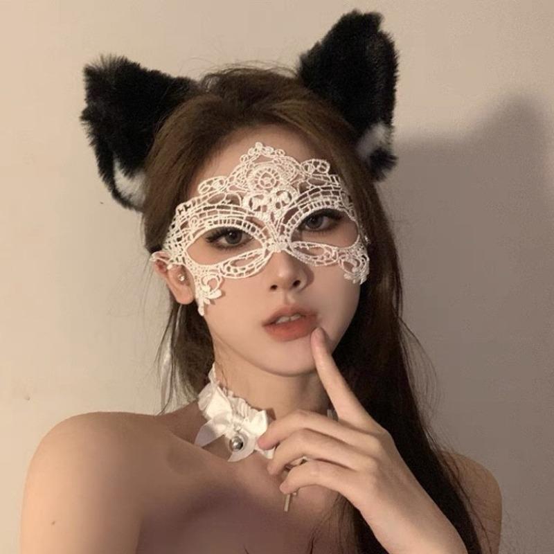 Black Lace Sexy Cat Ears Hairband, Restraint Style Blindfold Covering The Face, Netting for Halloween