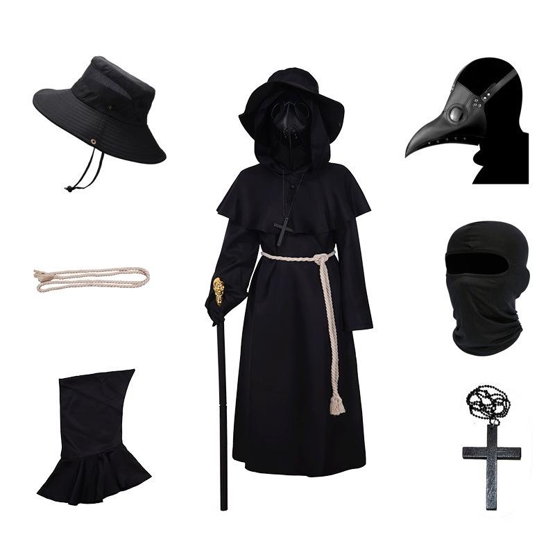 Halloween costume Plague doctor black cape robe with beak mask cosplay costume
