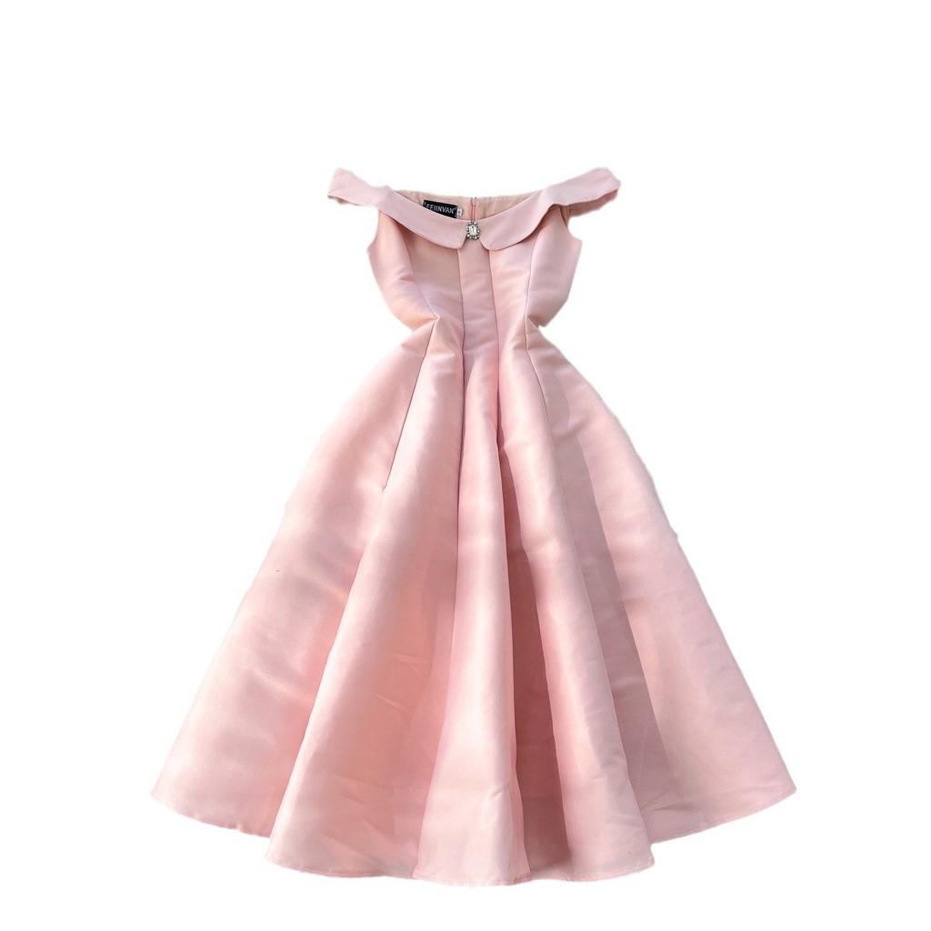 Celebrity Elegant Dress Women's High-end Off-the-shoulder Suspender Diamond-encrusted Waist Pleated Puff Skirt A-word Dress