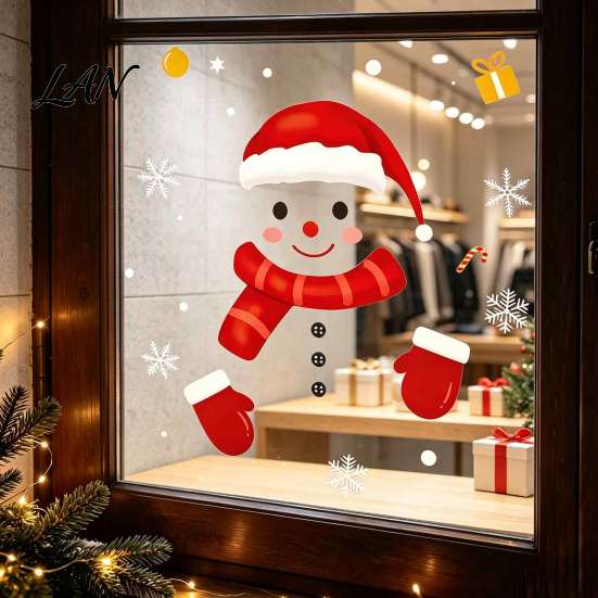 Indoor Outdoor Holiday Signage Christmas Static Window Clings, Smiling Snowman Decals with Snowflake Party Supplies Patterns, Waterproof PVC