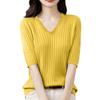 Women's Fashion Loose Knit Sweater Bottom Shirt V-Neck Pullover Half Sleeve Solid Color Top