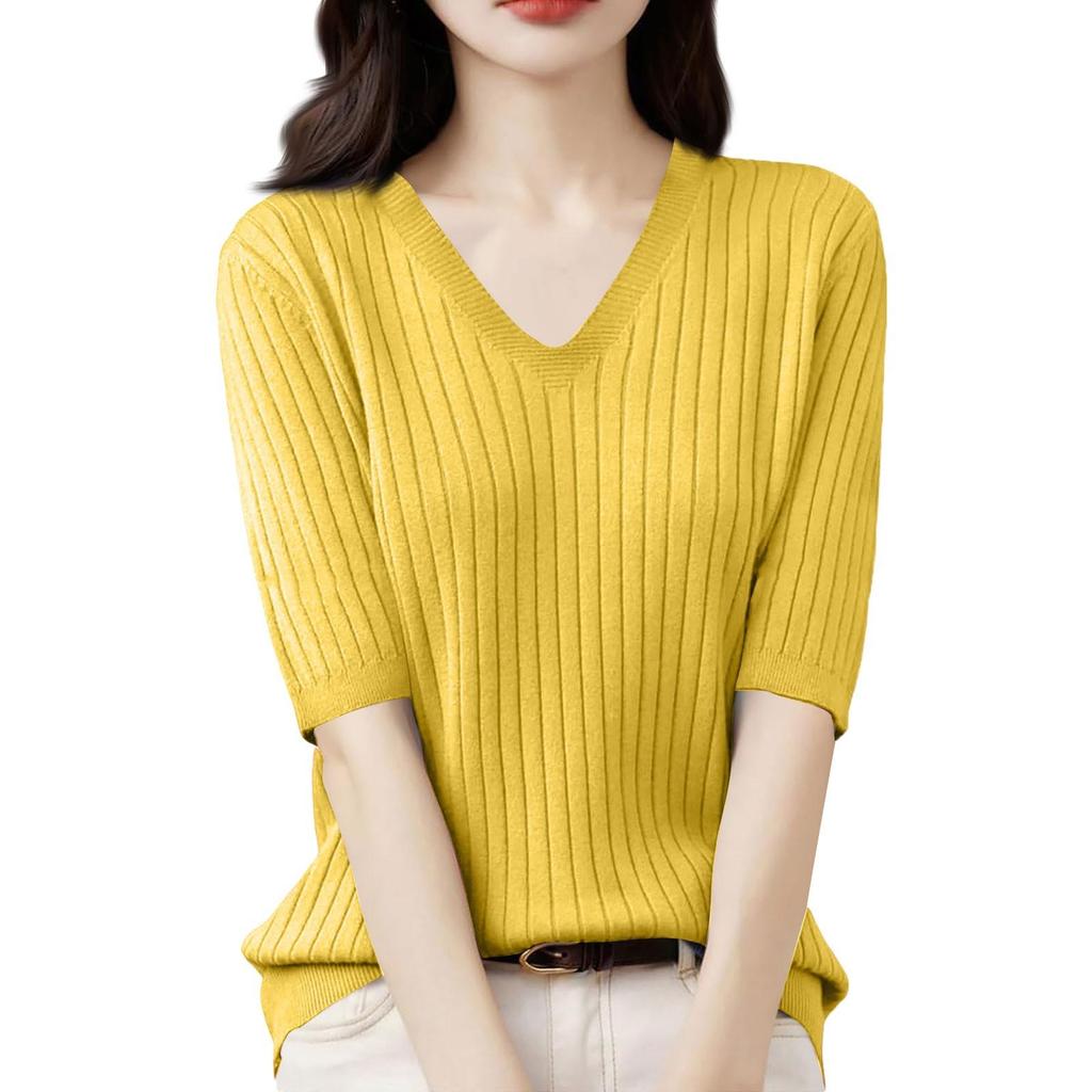 Women's Fashion Loose Knit Sweater Bottom Shirt V-Neck Pullover Half Sleeve Solid Color Top