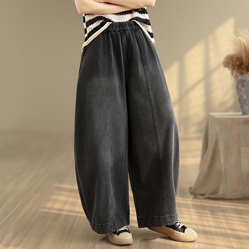 

DIMANAF 2026 Summer New Plus Size Women Jeans Pants Elastic Waist Long Pants Loose Casual Denim Cotton Trousers Blue M чёрный