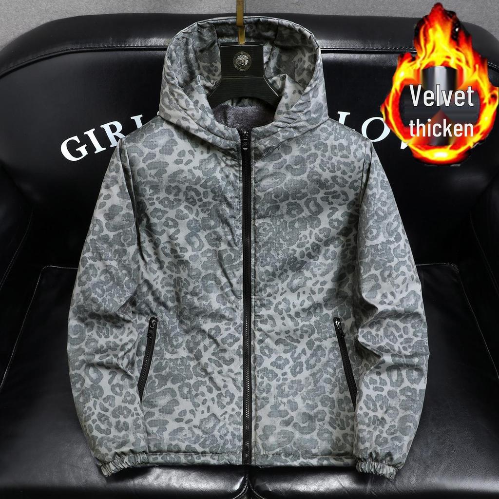 Men's Trendy Camouflage Leopard Print Jacket – Autumn/Winter Velvety Thick Cotton Windbreaker