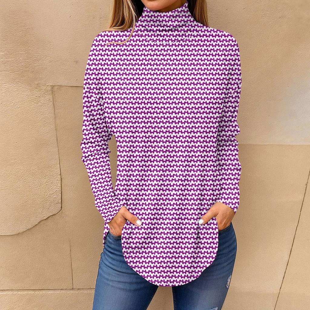 Kadınlar İçin Tişörtler Sonbahar Rahat Uzun Kollu Gömlekler Sweatshirt Vintage Baskılı Yüksek Yaka Üst Kazak