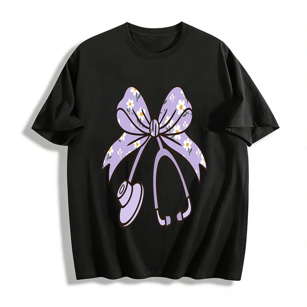 Floral Stethoscope Bow Print Nurse Themed Casual Top Pure cotton T-shirt XXS