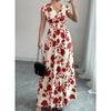 Sommer Damen V-Ausschnitt Kleid Kurzärmelig Hoher Bund Pflanzenmuster Einfach Mode Urlaub Langes Freizeitkleid für Damen