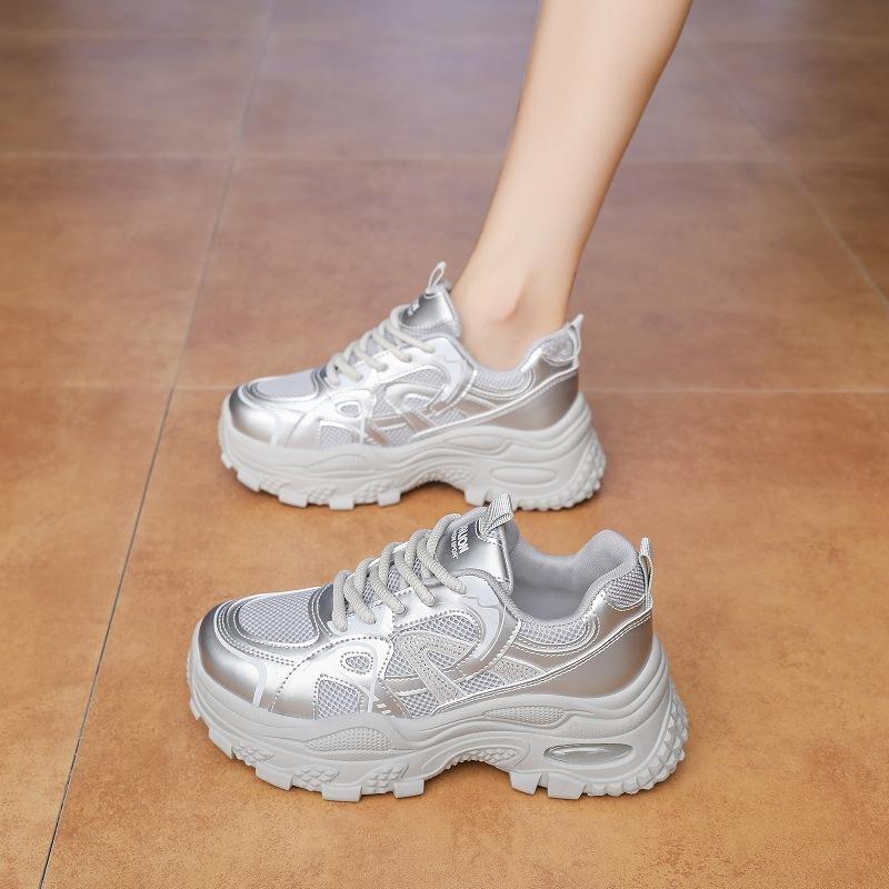 White Dew's same platform dad shoes for women's 2025 new mesh breathable silver 7cm height-increasing casual sports shoes