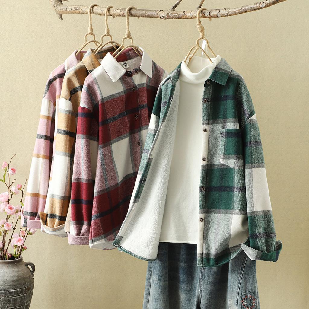 Women's Fashion And Winter Padded And Thickened Tweed Plaid Shirt Warm Casual Shirt Jacket