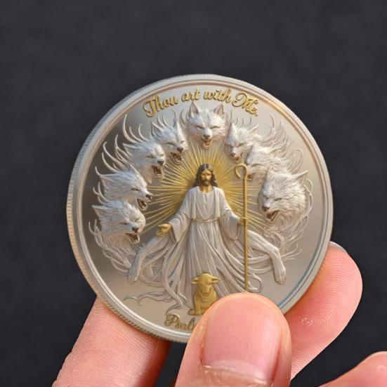 Thou Art with Me Faith Commemorative Coin Jesus The Good Shepherd Protecting Lamb from Wolves Pocket Token Psalm 23:4 Faith Challenge Coin Religious