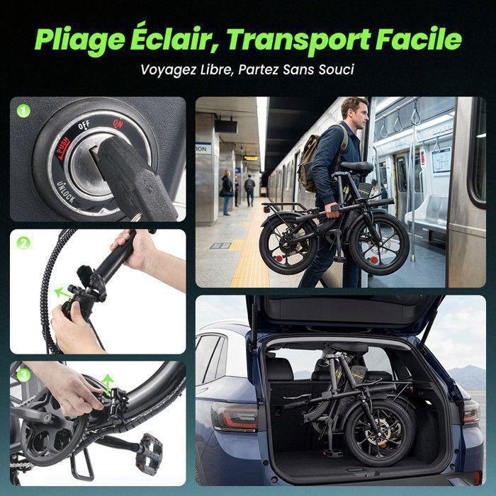 Vélo Électrique Pliable 16"-Moteur 250W-Batterie 36V 10.4Ah-3 Vitesses-Charge 120 kg-Autonomie 56 km-Angle d'escalade 15%-Noir