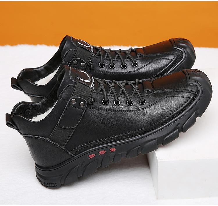 Winter Fur Lined Snow Boots for Men Thick Warm Slip-On Waterproof Fleece Inside High-Top Leather Shoes for Male Outdoor Lace-Up Ankle Booties