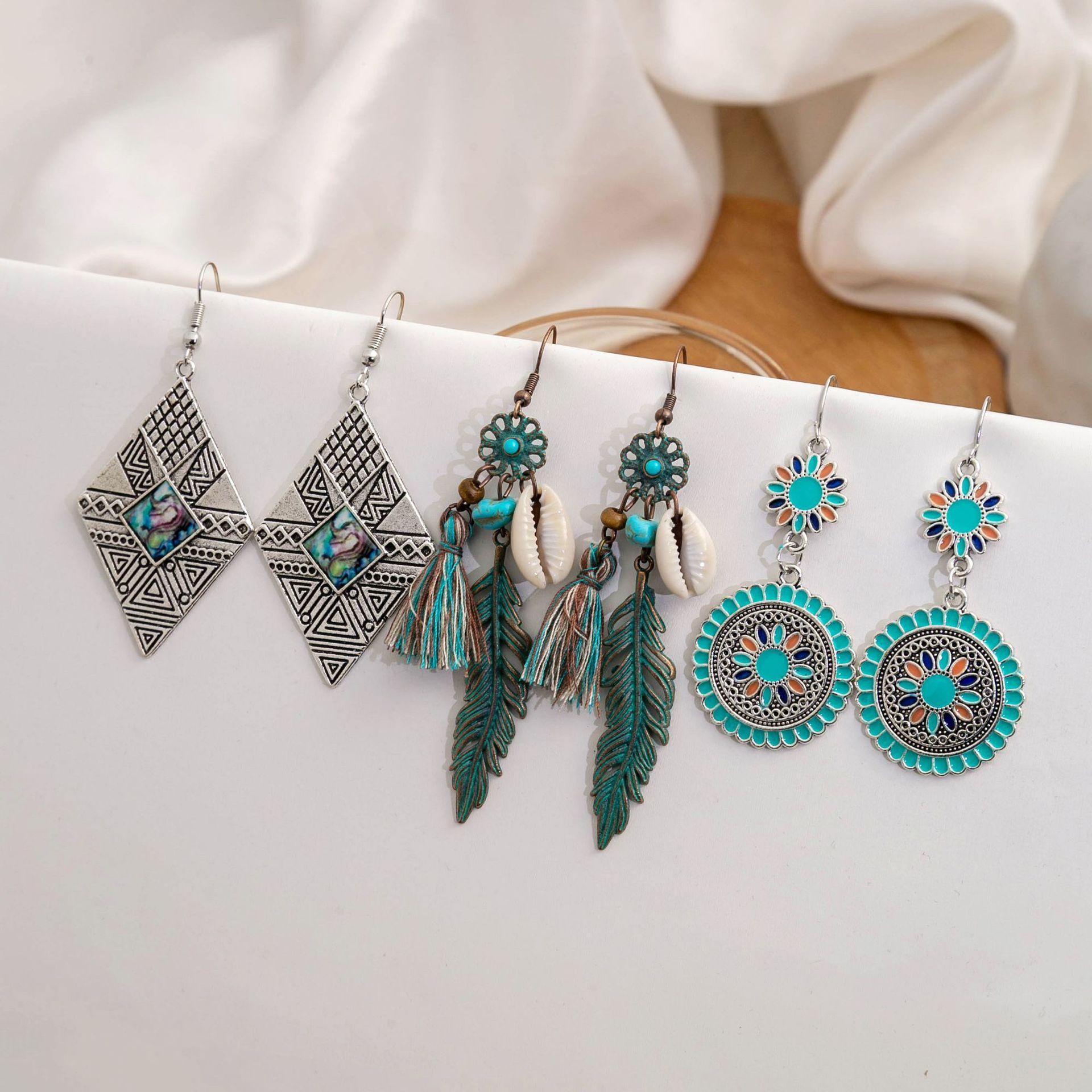 Преувеличенный этнический стиль, круглые полые серьги, ретро, ракушка, подсолнух, перья, бахрома, серьга-крючок, женские