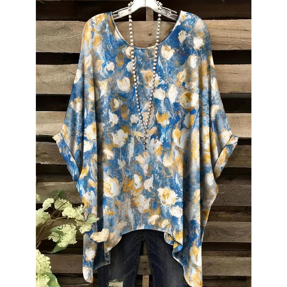 Haine de Vară Femei 2025 Albastru Marin și Alb cu Imprimeu Floral Elegant Versatil Design Decolteu Rotund Mânecă Scurtă Top Y2k pentru Femei