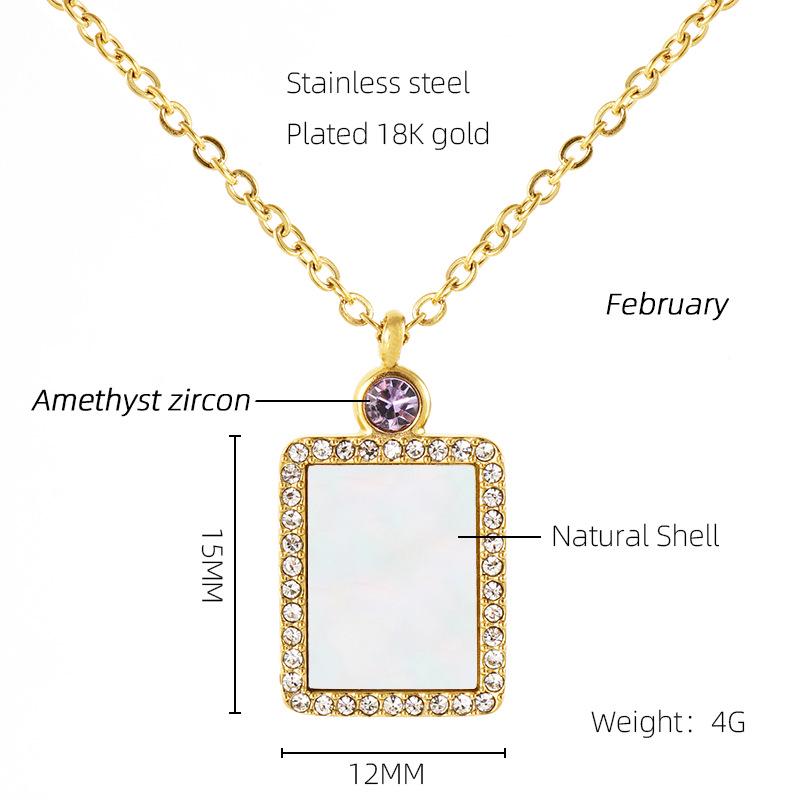 18K Titanium Steel Birthstone Pendant Necklace with Square Shell Design for Women