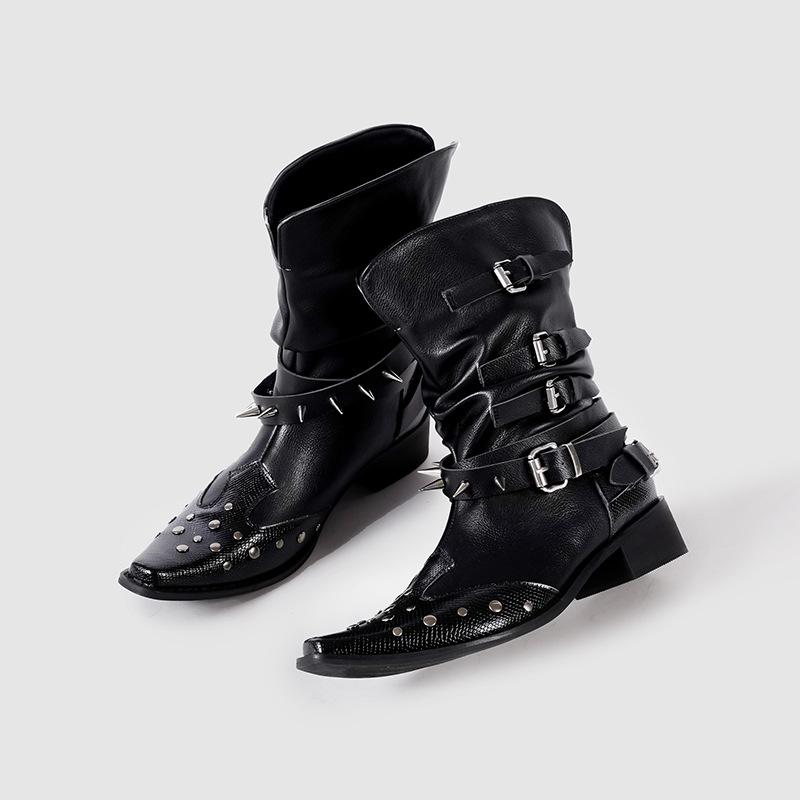 

Фабричные кастомные вышитые остроносые ковбойские сапоги западного стиля женские весенне-летние новые на толстом каблуке универсальные сапоги-рыцари с голенищем короткие сапоги 40 чёрный