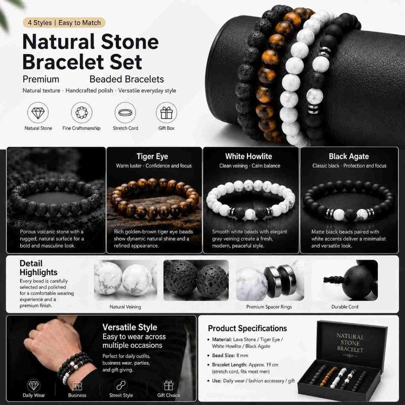 Jewelry bracelet, round bead bracelet, bracelet, men's tiger eye volcanic stone crystal bracelet stacked.