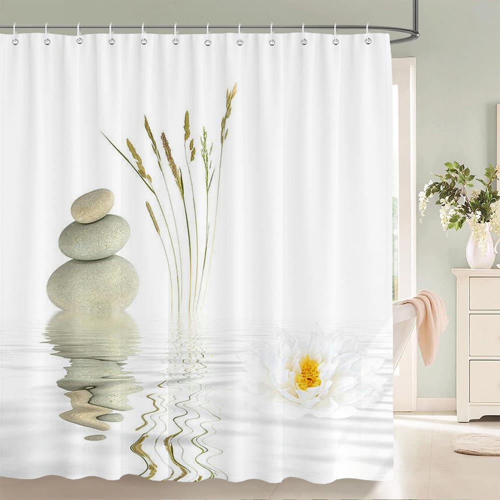 3D Flower Bamboo Pebble Water Green Plant Shower Curtain Waterproof Polyester Curtain Home Decoration Shower Curtain Zen Curtain