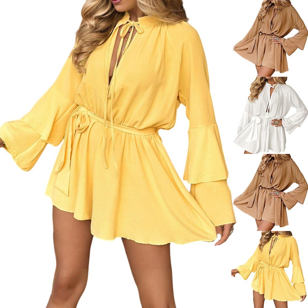 Ladies' Loose Comfortable Casual Fashionable Solid Color V-neck Long Sleeved Jumpsuit