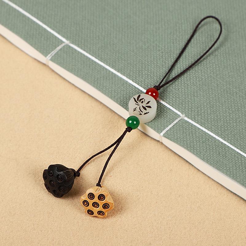 Colgante para Teléfono y Bolso de Madera de Melocotón con Loto, Lanyard USB con Llavero - Estilo Antiguo, Popular para Transmisiones en Vivo