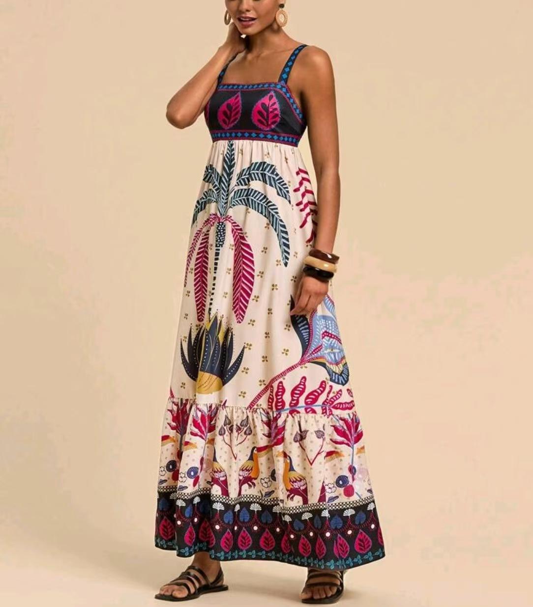 European, American New Women s Tropical Print Casual Holiday Style Bohemian Dress S