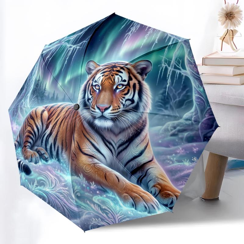 1pc Sturdy 8-Bone Auto Umbrella, Stylish Tiger Umbrella, Digital Printed, Foldable Umbrella for On-the-Go Outdoor Use