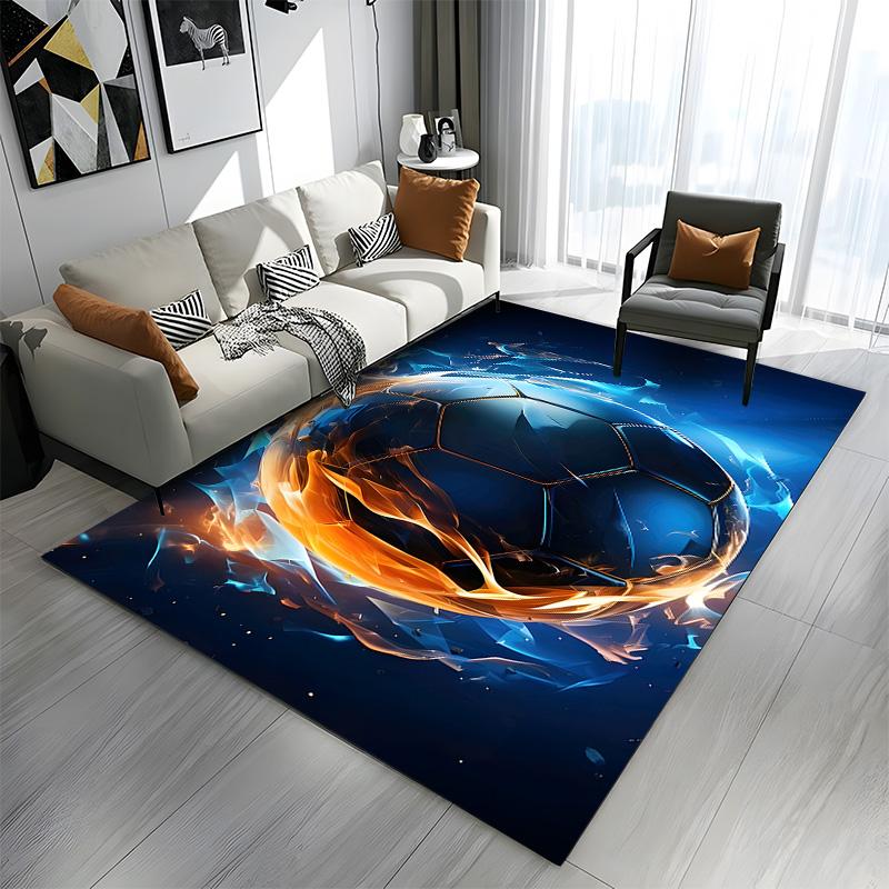 "Fiery Blue Soccer Ball Design" Patterned carpet a non slip rug suitable for all seasons and any setting, gift