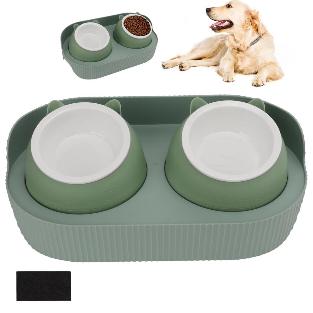 Ceramic Pet Bowl Set Food Grade Anti   Double Food Water Bowls for Cats Dogs Kittens and Puppies(Green [Cheongsam Meow] Green Background )