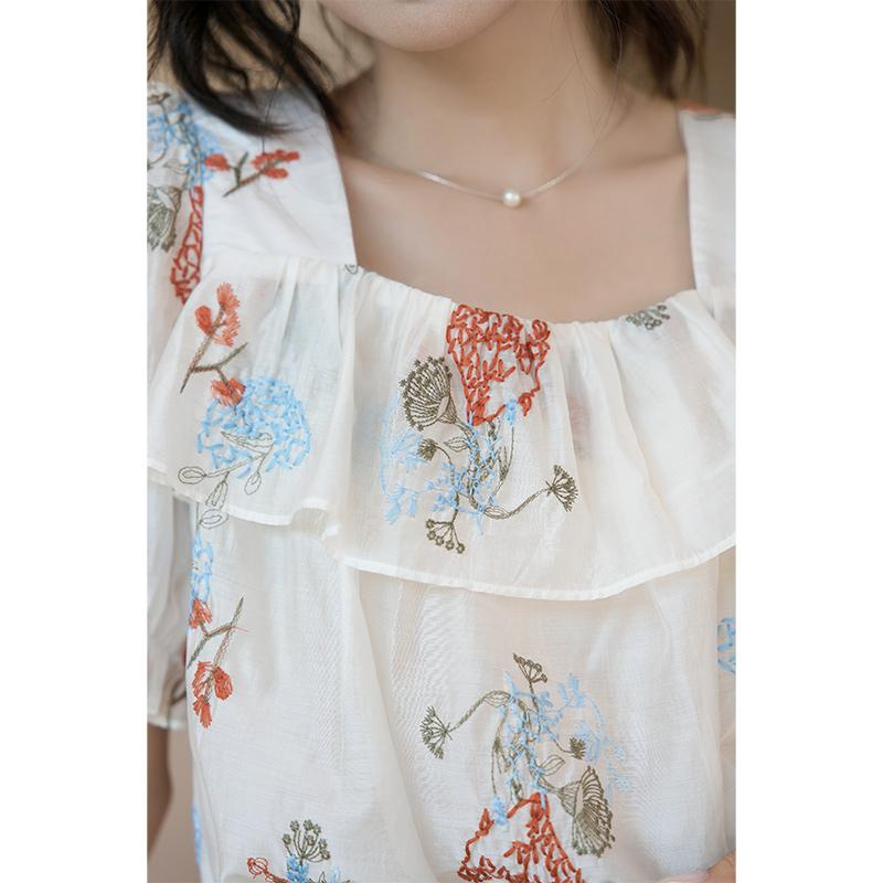 Mishow Women's Blouse 2023 Summer New Embroidery Puff Sleeve Chiffon Korean Fashion Square Collar Loose Pullover Female Tops MXC38X1278
