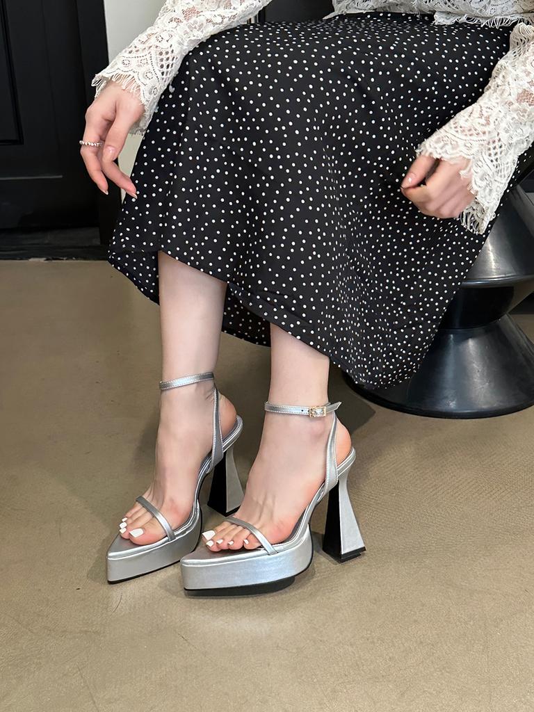 fashion Pointed Toe Women Sandals Platform Sandals Black White Silver Ankle Strap Thick High Heels Summer Slides Shoes Woman 35-39