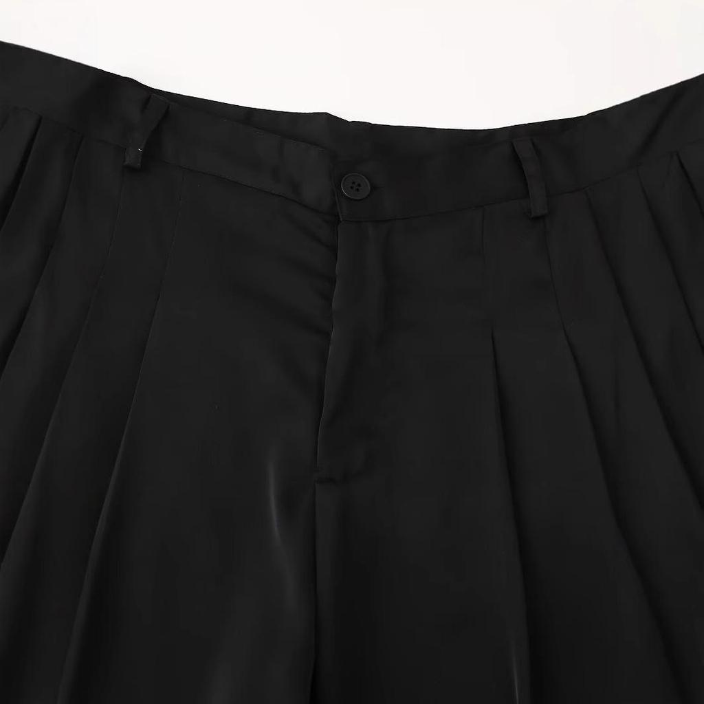 2025 Spring Women's European & American Wide-Leg Satin Pleated Trousers