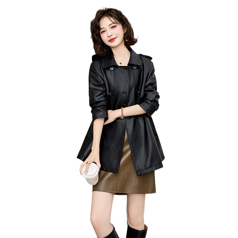 Veste Manteau Mi-long Petit en Cuir PU Rétro Mode Automne 2024 pour Femme