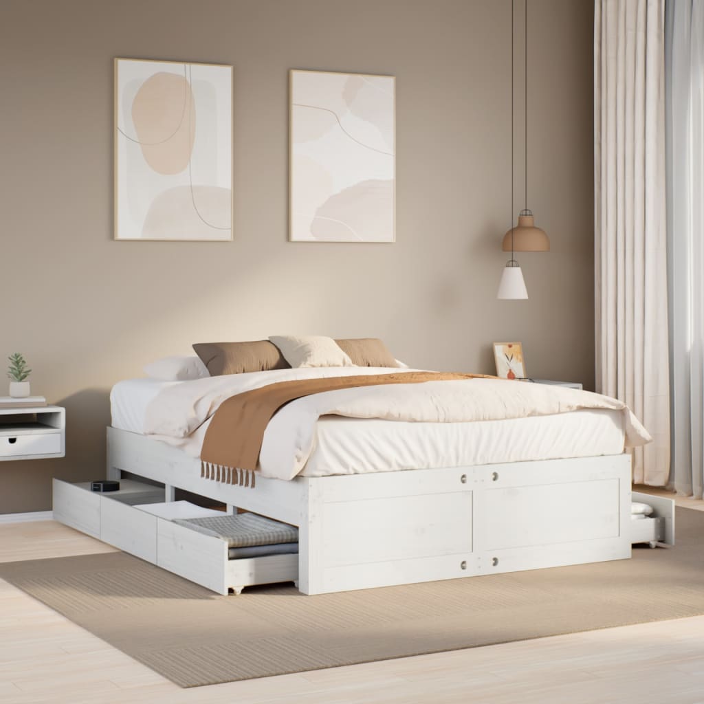 Solid Wood Bed without Mattress with Drawers White 150 x 200 cm