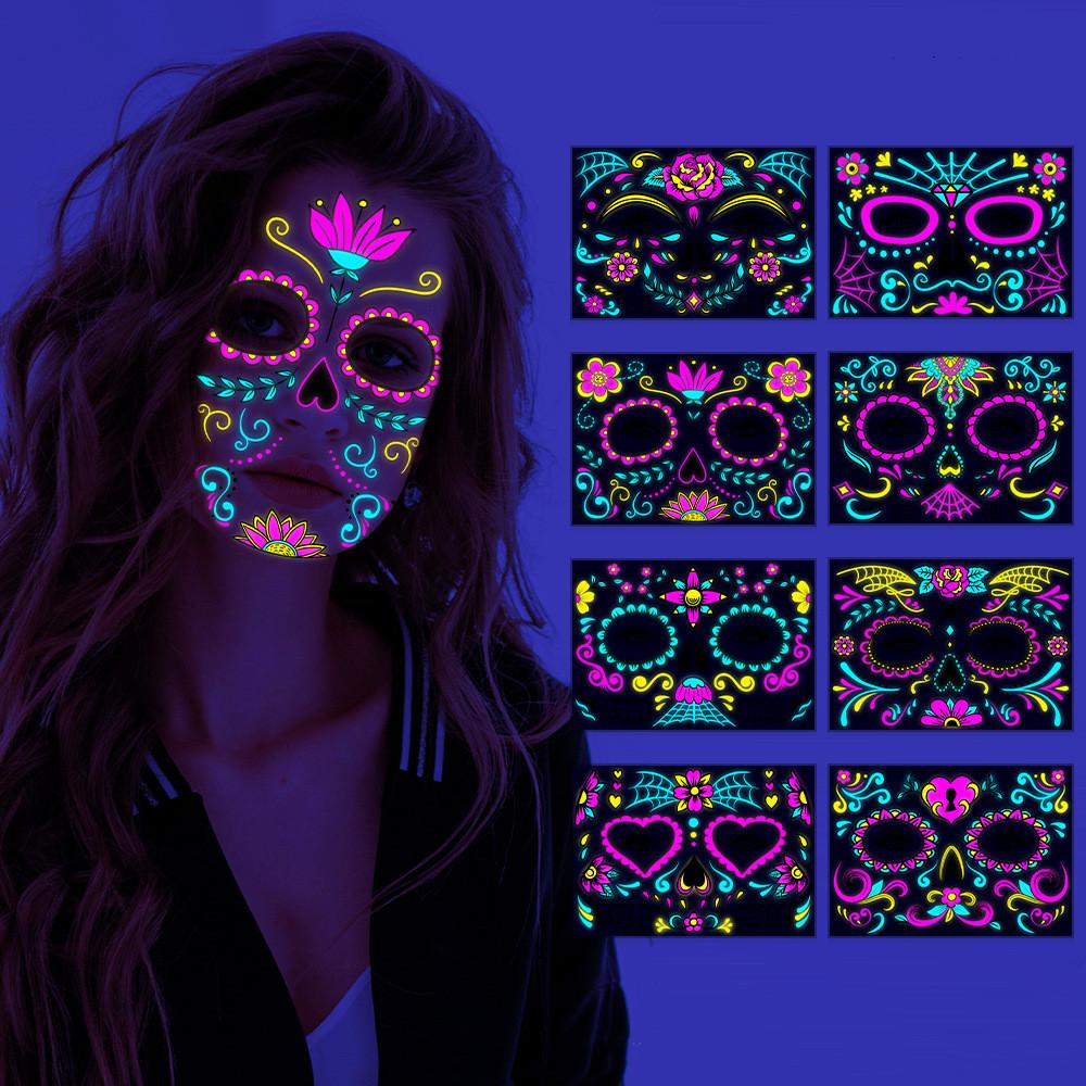 Halloween Funny Fluorescence Stickers Creative Horror Temporary Makeup Dance Death Spirit Face Tattoo Stickers Masquerade Mask