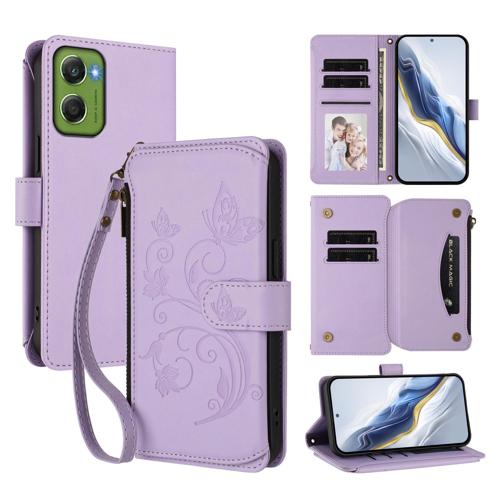 

For Motorola Moto G06 4G Leather Case Butterfly Floral Imprint Zipper Wallet Stand Cover with Wrist Strap