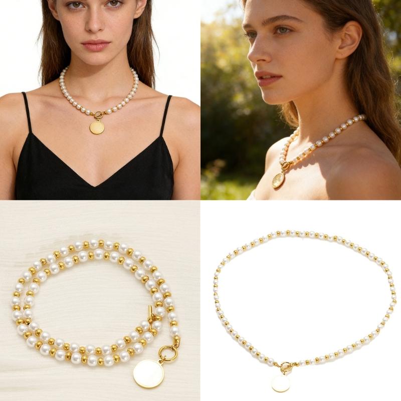A52E Gold Plated Stainless Steel Necklace With Interwoven Pearls And Natural Shell CN