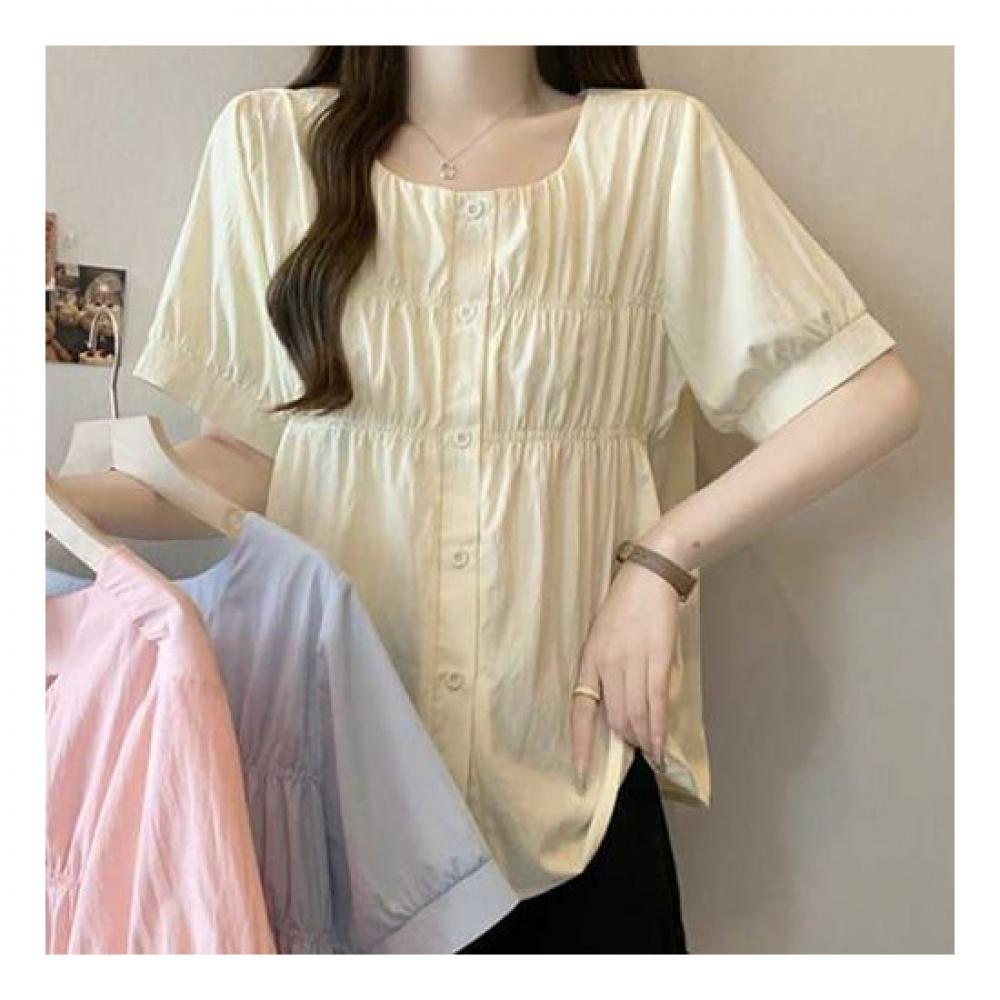 Navava Women Romantic Pastel Shirring Round Neck Short Sleeve Blouse Nb2243