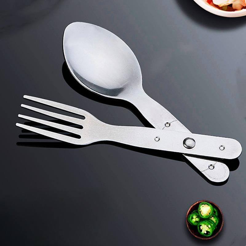 

304 Stainless Steel 2-in-1 Foldable Fork Portable Silver Spoon Multifunctional Camping Fork Space-saving Camping Spoon Outdoor 1PC