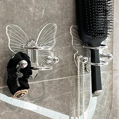 Support Brosse à Cheveux Papillon Acrylique Montage Mural Étagère à Peignes Designs Créatifs pour Solution de Rangement Salle de Bain et Chambre