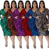 Plus Size Womens V-Neck Long Sleeve Midi Dress Leopard Print Milk Silk Stretch Fit 2025