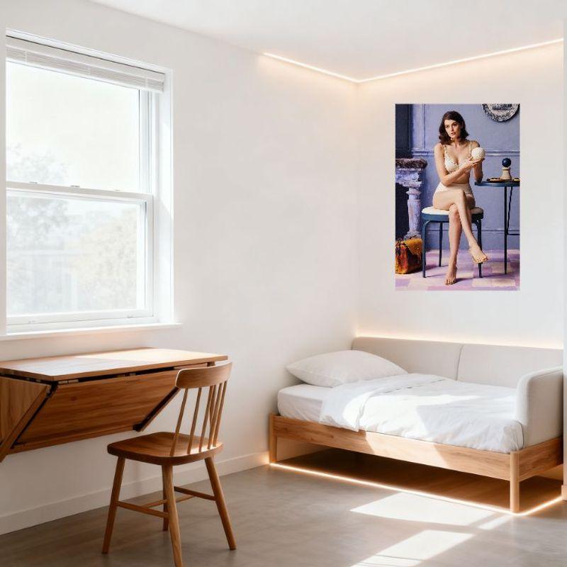 Sexy Vintage Interior Woman with Brown Hair Tin Sign, Beige Lingerie, White Sphere, Purple Wall & Fireplace Metal Poster for Bar