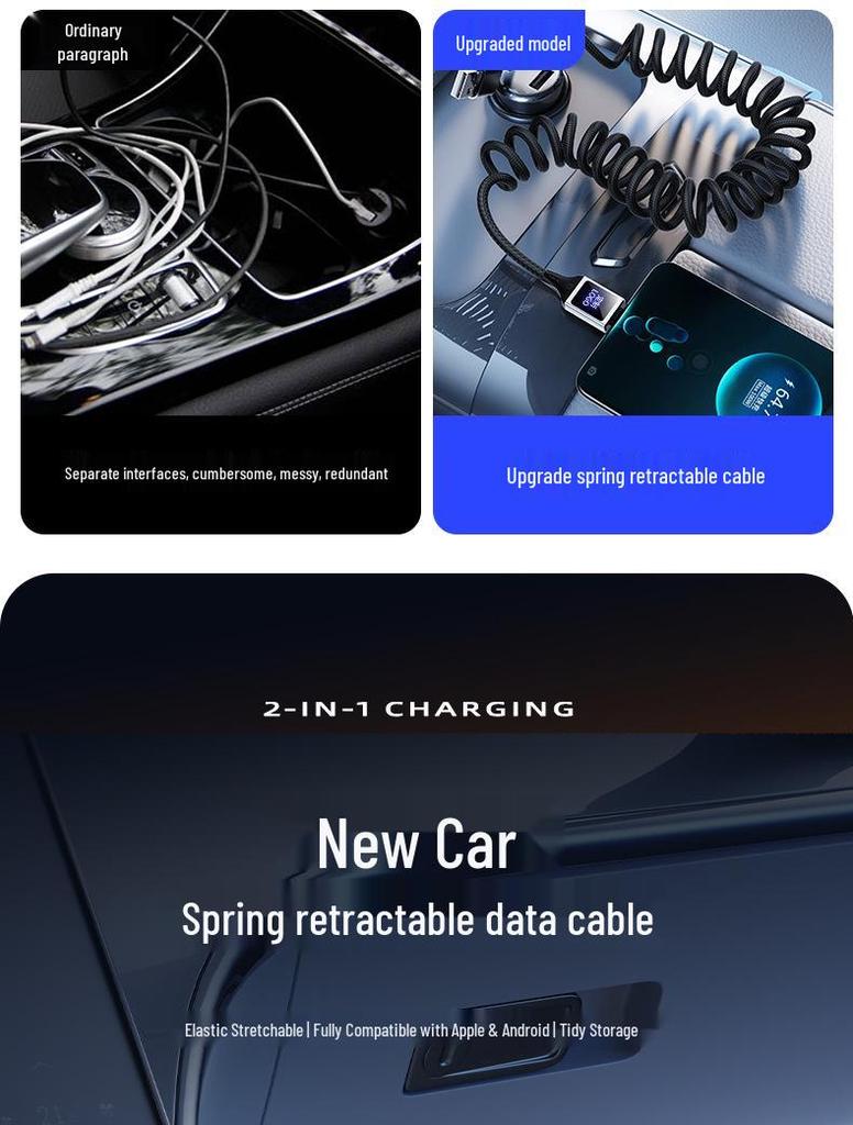CarPlay Screen Mirroring LED Retractable USB Charging Cable with Custom Logo - Type-C Mobile Data Cable