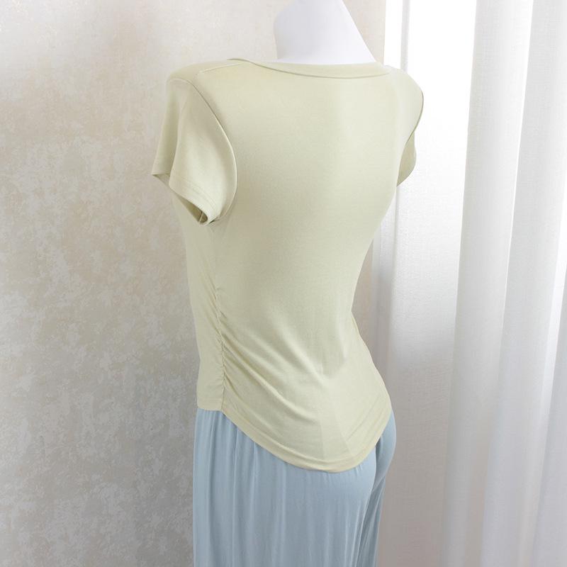 Women's V-Neck Short-Sleeved Pleated Waist Slimming Top