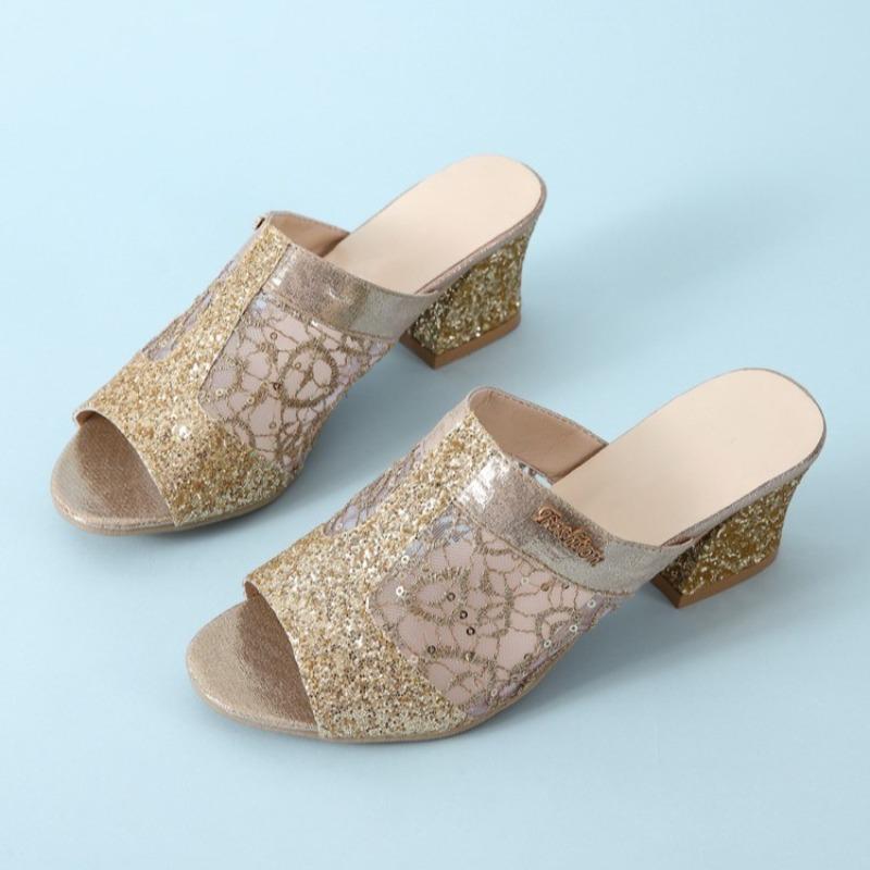 

Sequin Cloth Block Heel Slippers Summer New Round Toe Open Toe Anti-slip Wear-resistant High Heels 43 золотой