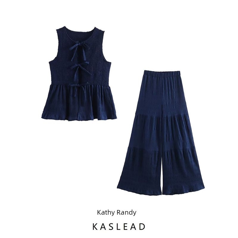 Kaslead New Arrival Women's Clothing Fashion Style Fashion Simple Lace Vest Casual Flared Pants Two-piece Set