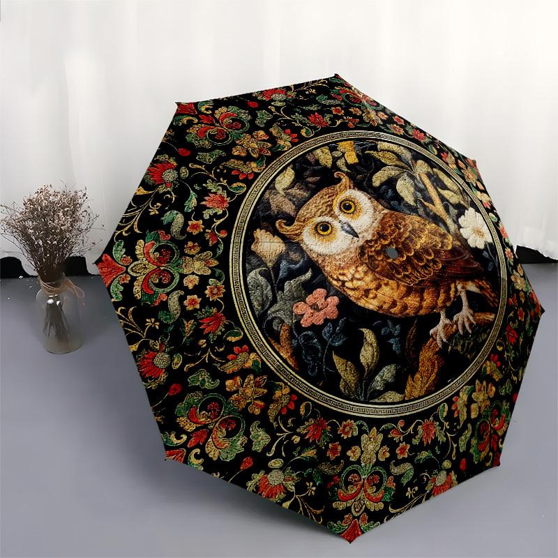 Owl, TapestryThemed Automatic Opening and Closing Umbrella 8 Ribs, Suitable for Leisure and Going Out, Outdoor Accessory, Gothic Style, Fa