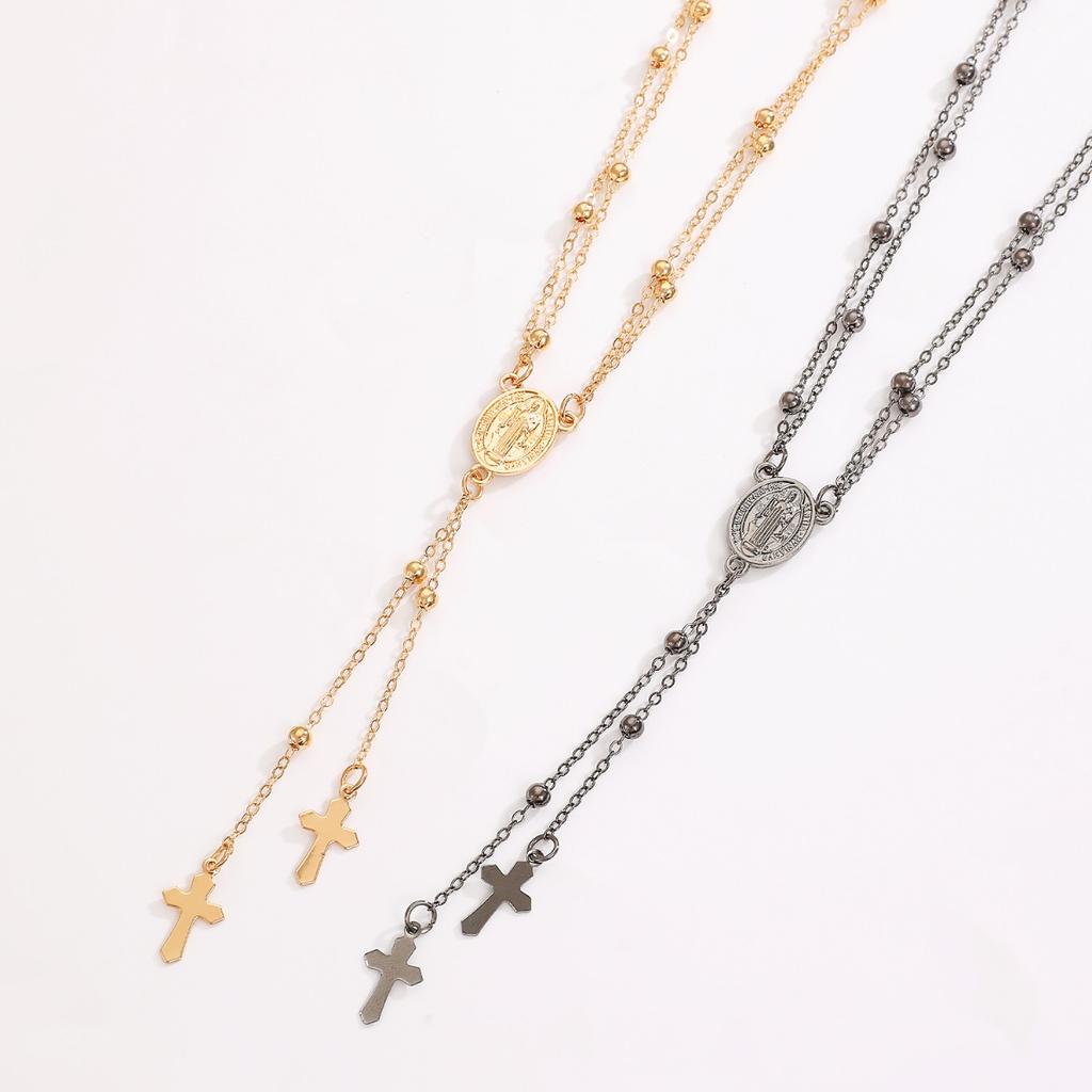 Multi Layer Beaded Chain Oval Medal Cross Pendant Y Necklace Vintage Religious Style Neck Jewelry for Women Daily Outfit Matching Accessory