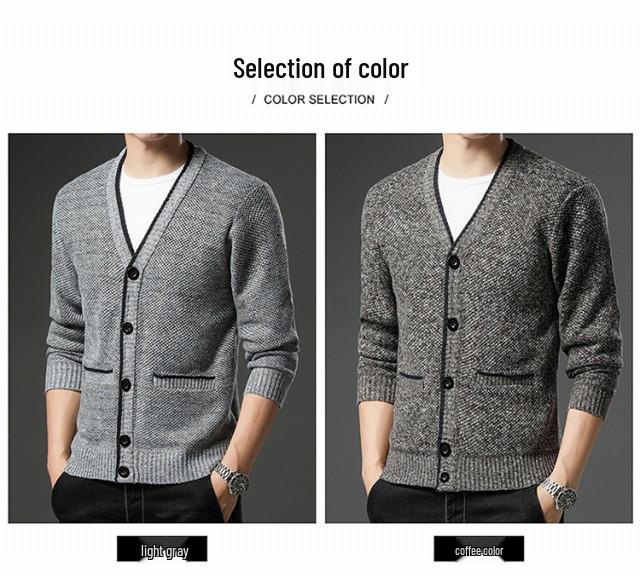 Men's Autumn/Winter Plus Velvet V-Neck Long Sleeve Cardigan Sweater