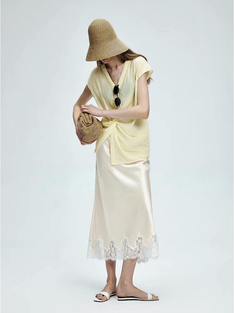 Glossy Satin French Lace Trim Midi A-line Skirt with Elastic Waist