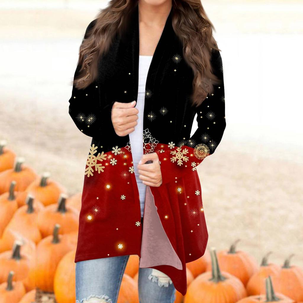 Women's Christmas Print Irregular Long Sleeve Cardigan With Pocket Jacket